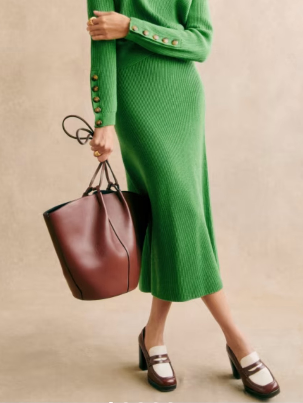 Sezane Naelle Midi Skirt Wool Cotton Blend Green Size M